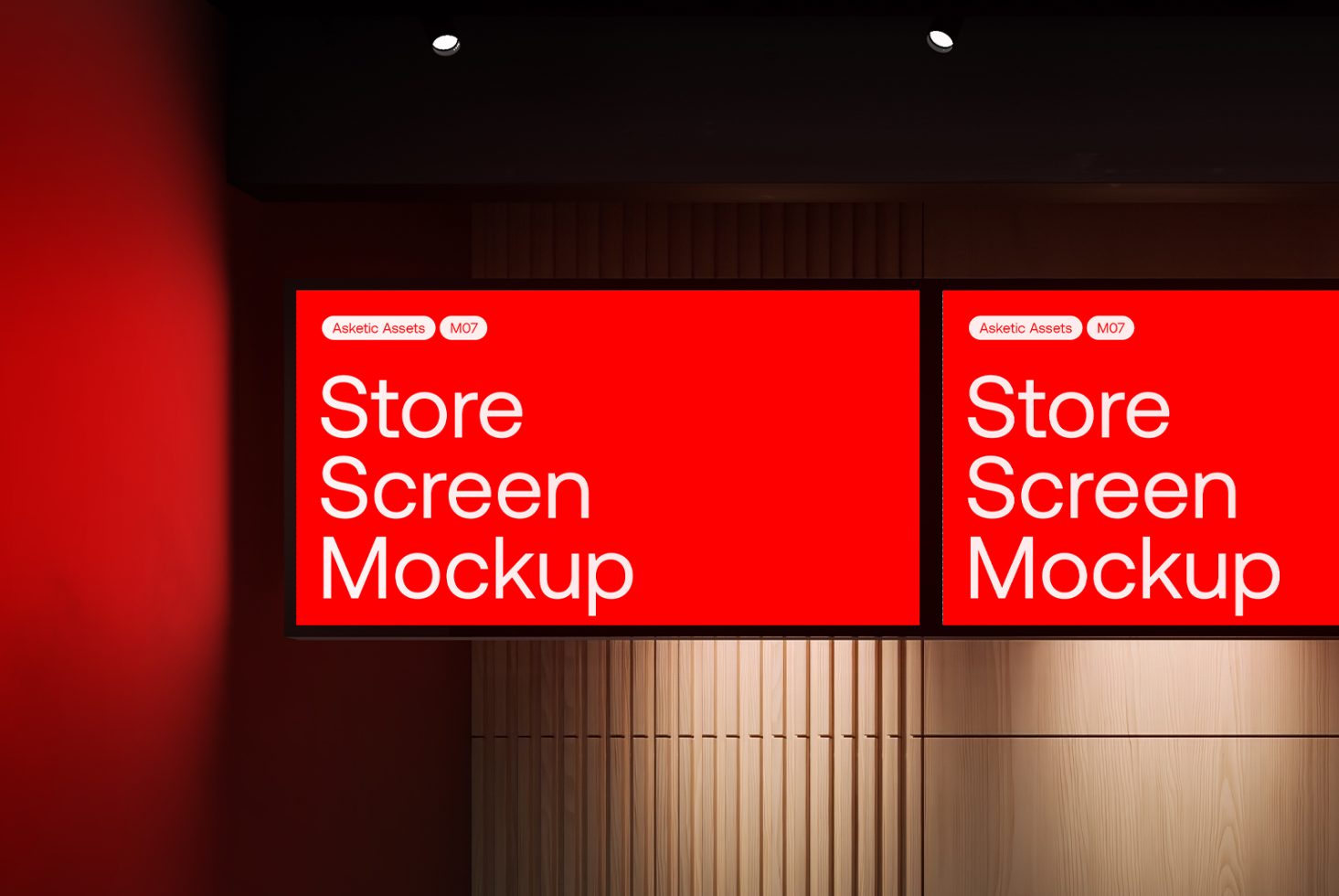 Red store screen mockup display in a retail environment with wood paneling and modern lighting, perfect for design presentations.