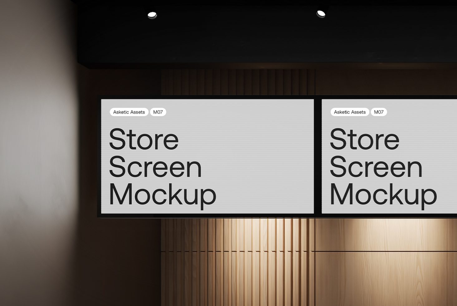 Elegant store screen mockup display in a modern interior setting, ideal for showcasing retail designs and visual merchandising.