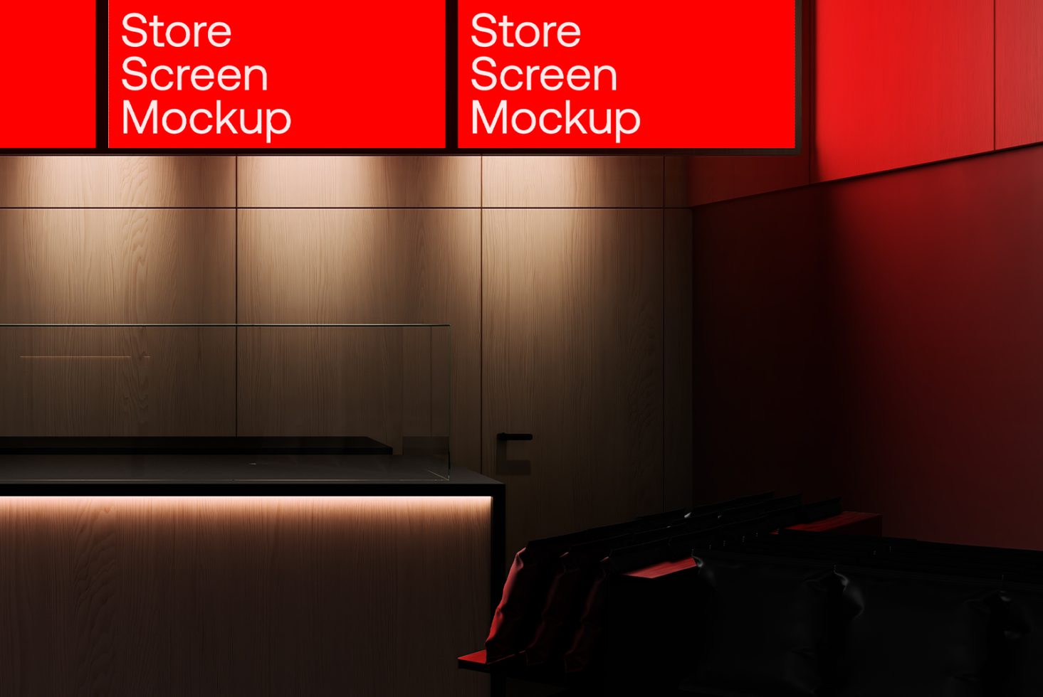 Storefront mockup with red screen signage in a modern wooden interior design, perfect for brand presentation and advertising designs.