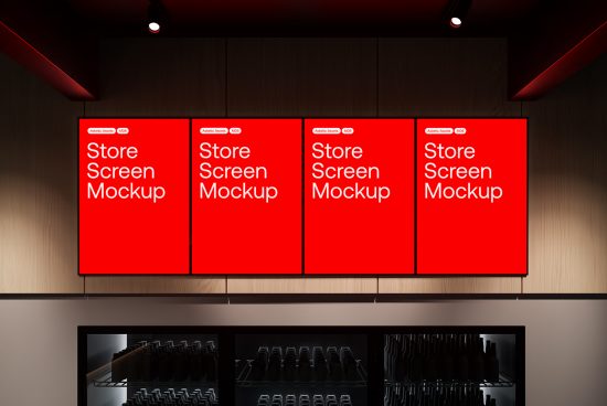 Four digital store screen mockups displayed in a retail setting, ideal for showcasing branding and design visuals to clients.