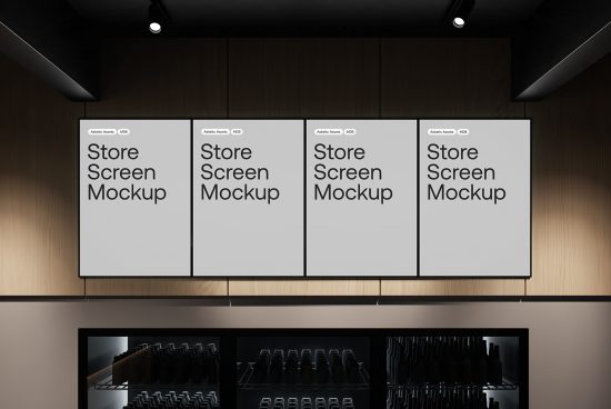 Modern retail store interior with blank store screen mockups for advertising design, digital displays, stylish lighting, wall-mounted.