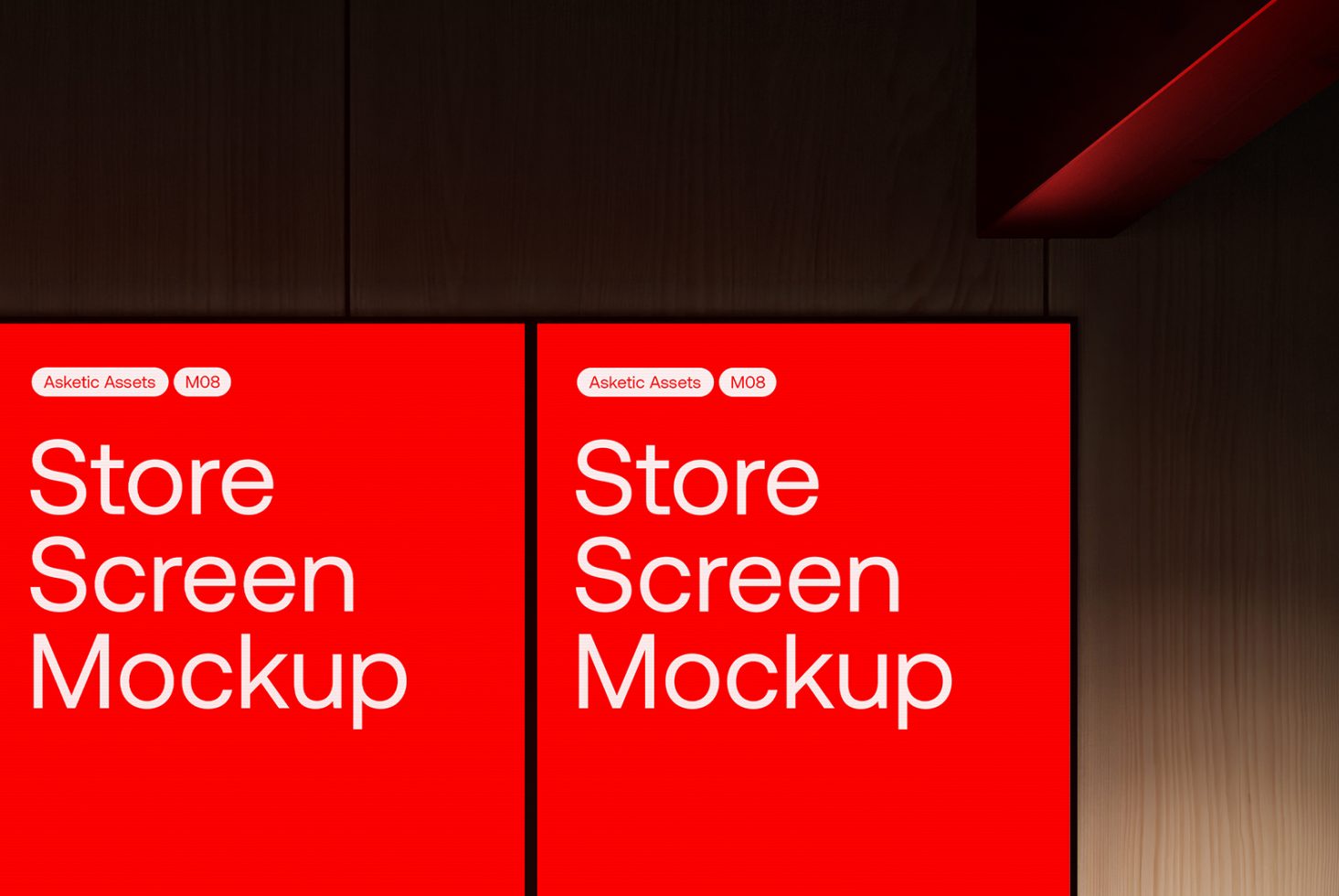 Red store screen mockup with bold typography on a dark wood wall, ideal for branding presentations and advertising designs.