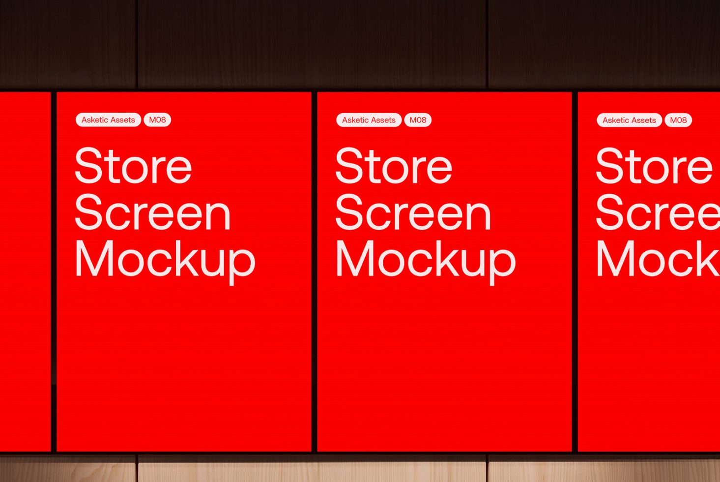 Red store screen mockup template for advertising display on shop facade, perfect for designers to showcase retail designs.