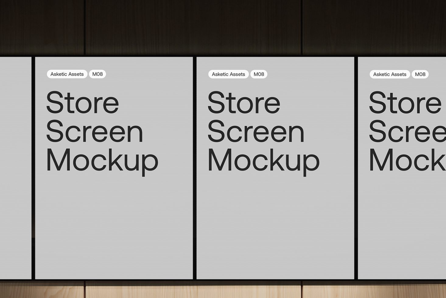 Triple display store screen mockup for showcasing branding in a retail environment, well-suited for designers' presentations.