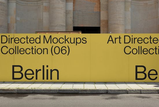 Outdoor mockup signboard with bold typography against classical architecture background, ideal for showcasing branding projects in urban settings.
