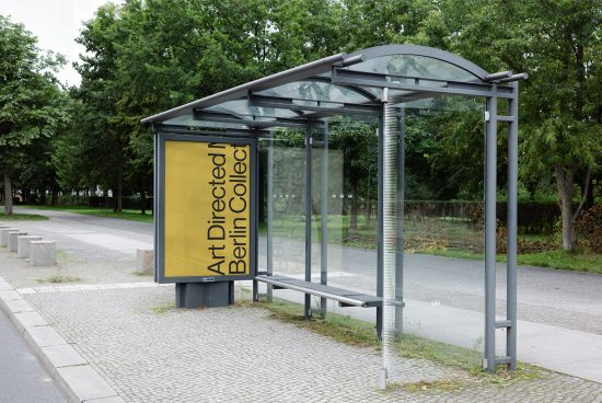 Bus stop billboard mockup in urban setting with editable advertising space for designers graphic presentations and templates.