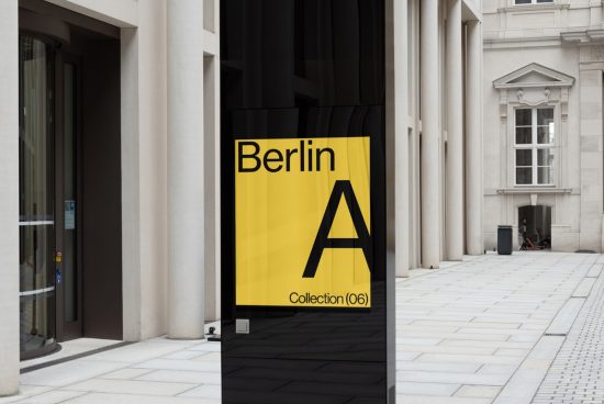 Urban poster mockup featuring bold typography design 'Berlin' in a city environment, ideal for presenting fonts or graphic templates.
