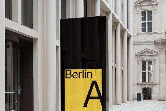 Urban signage mockup with bold 'Berlin' text, contrasting fonts and colors, ideal for presentations, graphics design, and templates.