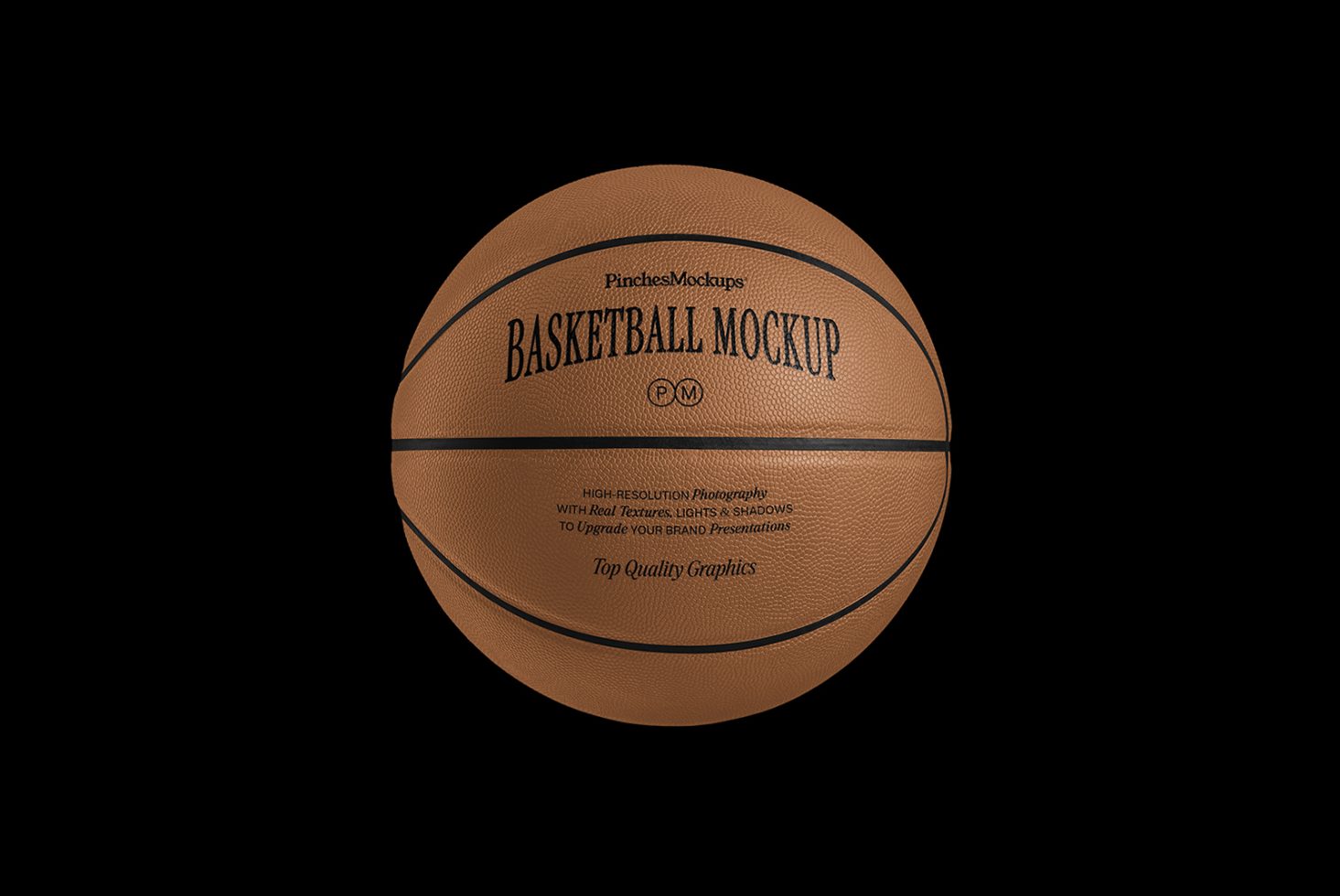 High-resolution basketball mockup with realistic textures and shadows on a black background, perfect for branding presentations and design projects.