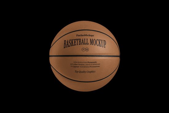 High-resolution basketball mockup with realistic textures and shadows on a black background, perfect for branding presentations and design projects.