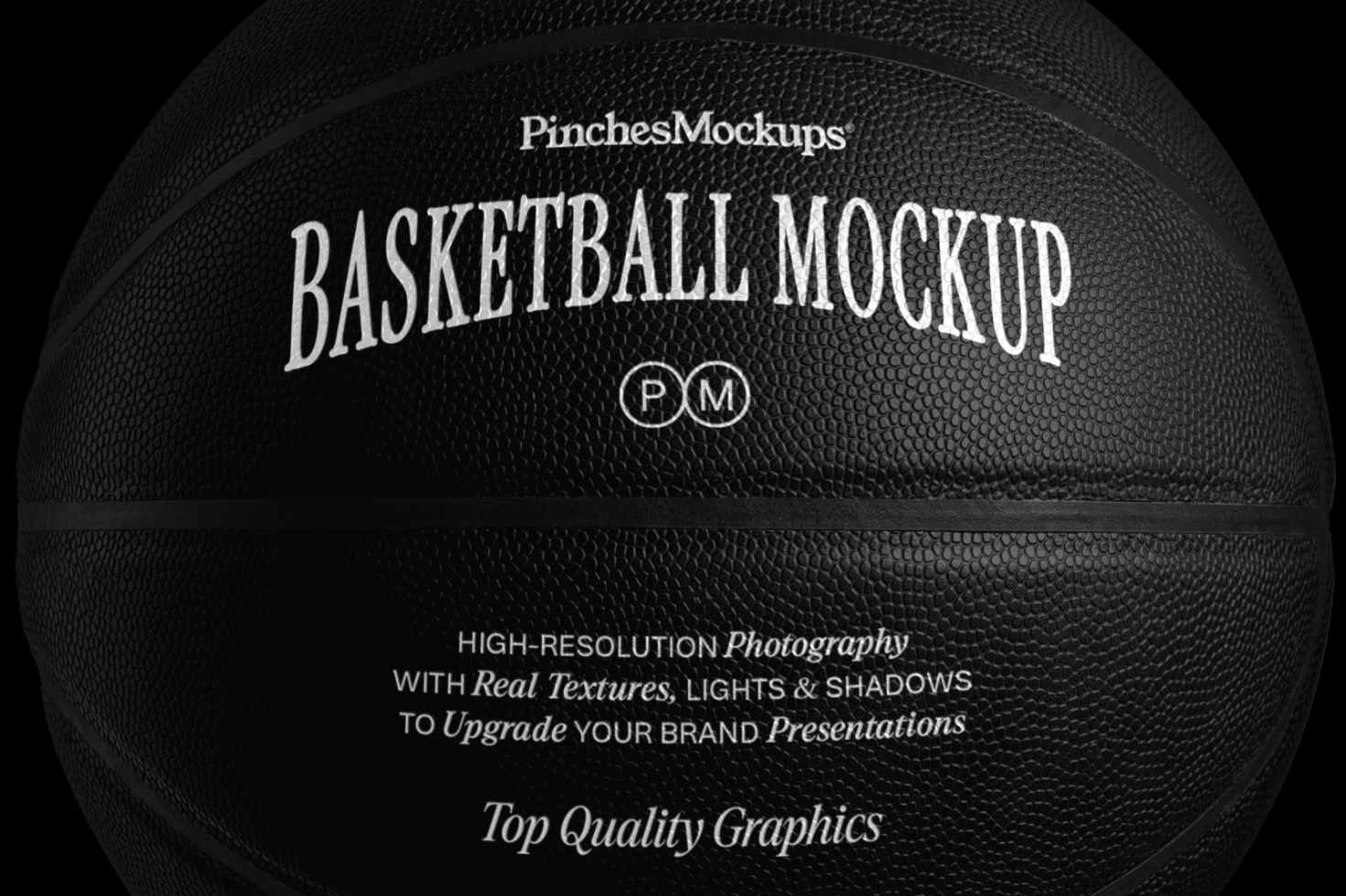 Close-up view of a high-resolution basketball mockup with realistic textures and branding space by PinchesMockups, ideal for sports design presentations.