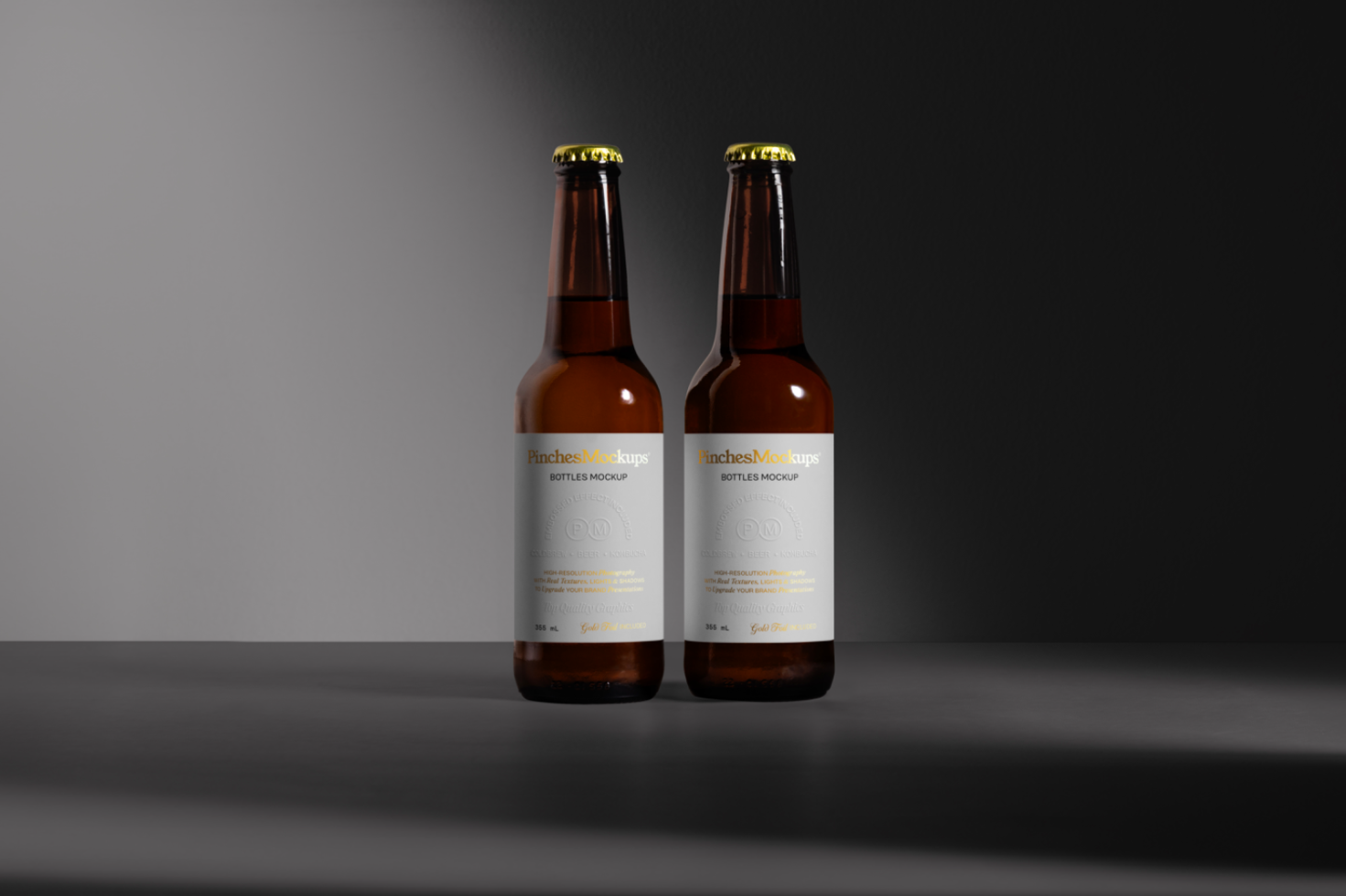 Two beer bottle mockups with labels on a dark reflective surface for product design presentation, realistic packaging, branding mockup.