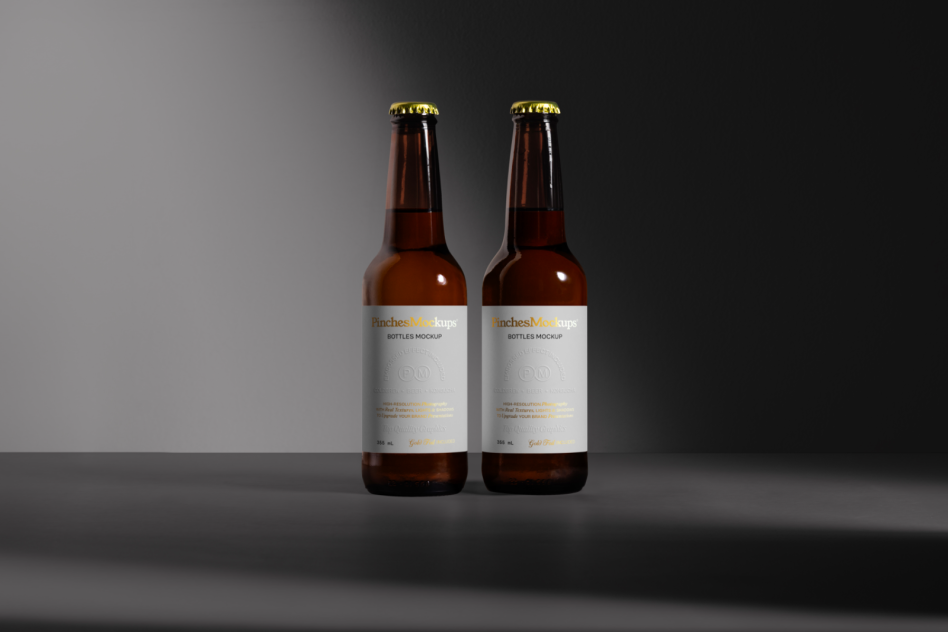 Two beer bottle mockups with labels on a dark reflective surface for product design presentation, realistic packaging, branding mockup.