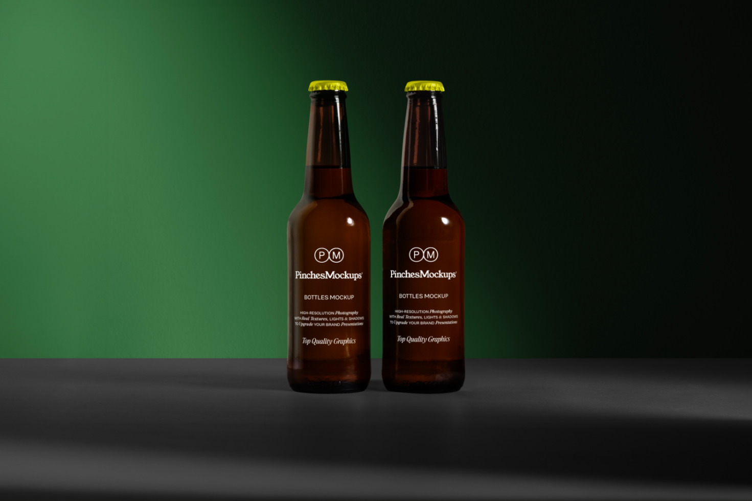 Two beer bottle mockups with labels on dark surface, ideal for branding presentation, realistic packaging, beverage design.