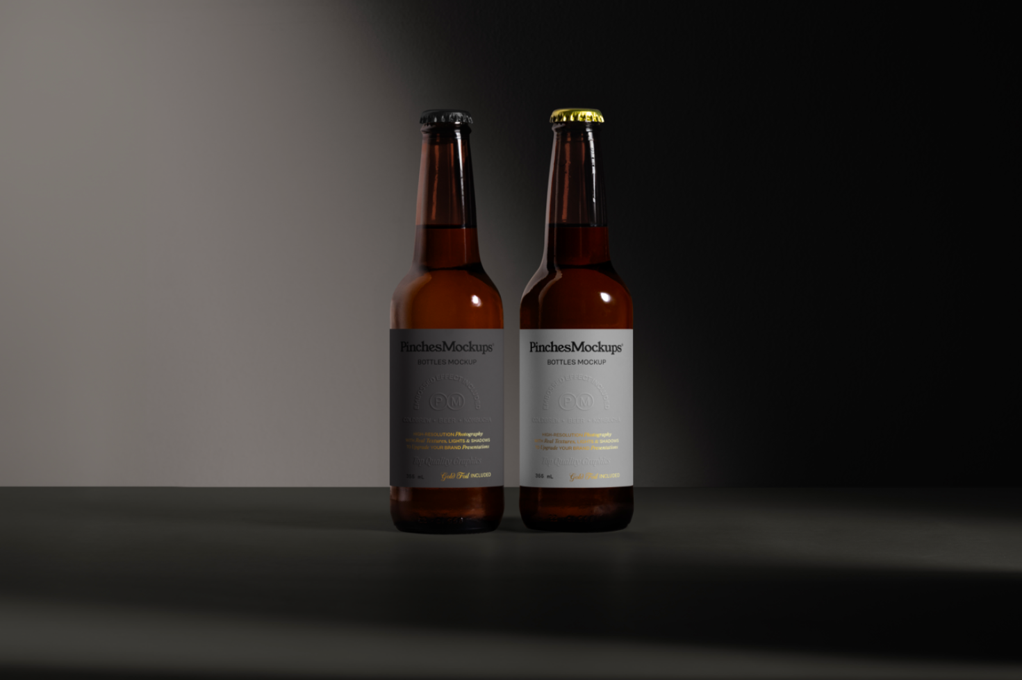 Two beer bottle mockups on a dark moody background, perfect for showcasing label designs to potential clients, editable PSD, high-resolution.