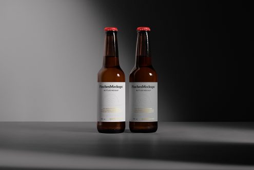 Two realistic beer bottle mockups on dark background, product presentation for designers, editable label design.