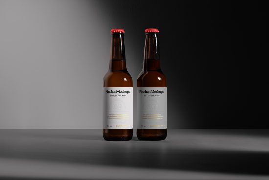 Two realistic beer bottle mockups on dark background, product presentation for designers, editable label design.
