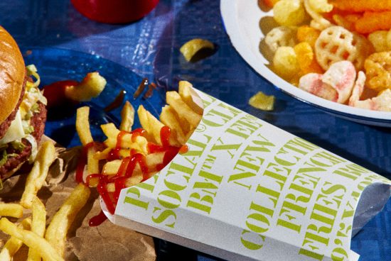 Realistic fast food mockup with burger, fries, and snacks on a blue surface for graphic design asset.