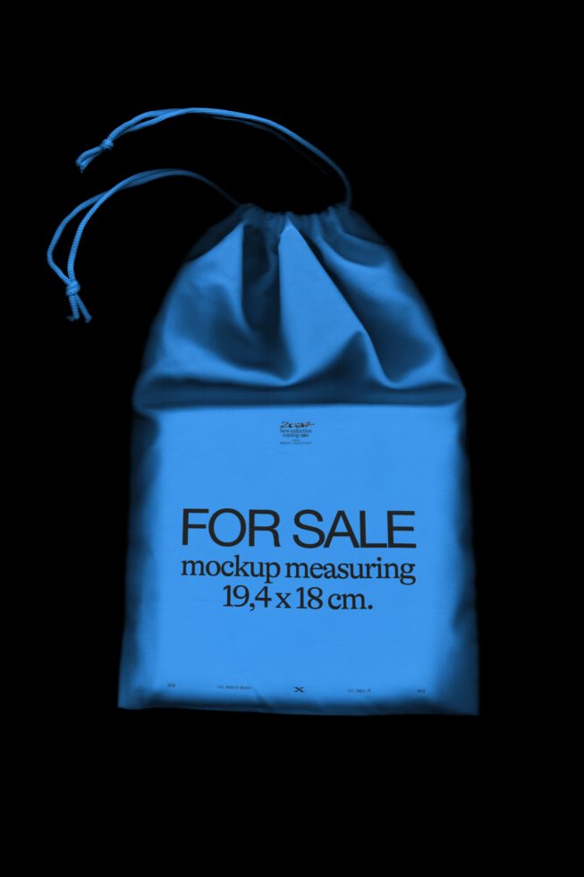 Blue drawstring pouch mockup on black background, realistic fabric texture, editable design template for presentation, ecommerce, digital asset.