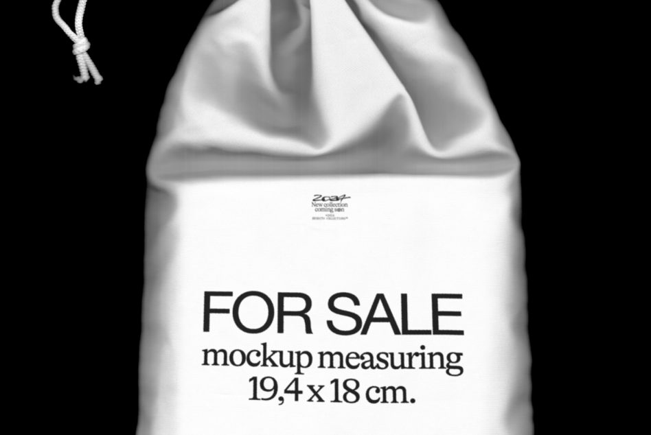 White drawstring bag mockup with black text for designers to display designs, ideal for product packaging graphics, size 19.4x18 cm.