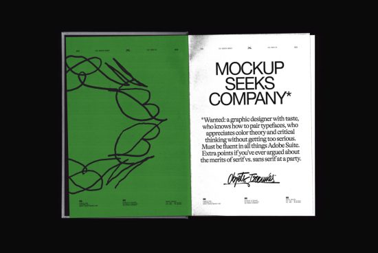 Open magazine mockup displaying green and white pages with typography design suitable for graphic design and font presentation.