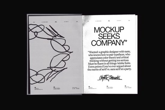 Open magazine mockup with artistic graphics on left and typography design on right, titled 'MOCKUP SEEKS COMPANY', perfect for designers and Adobe users.