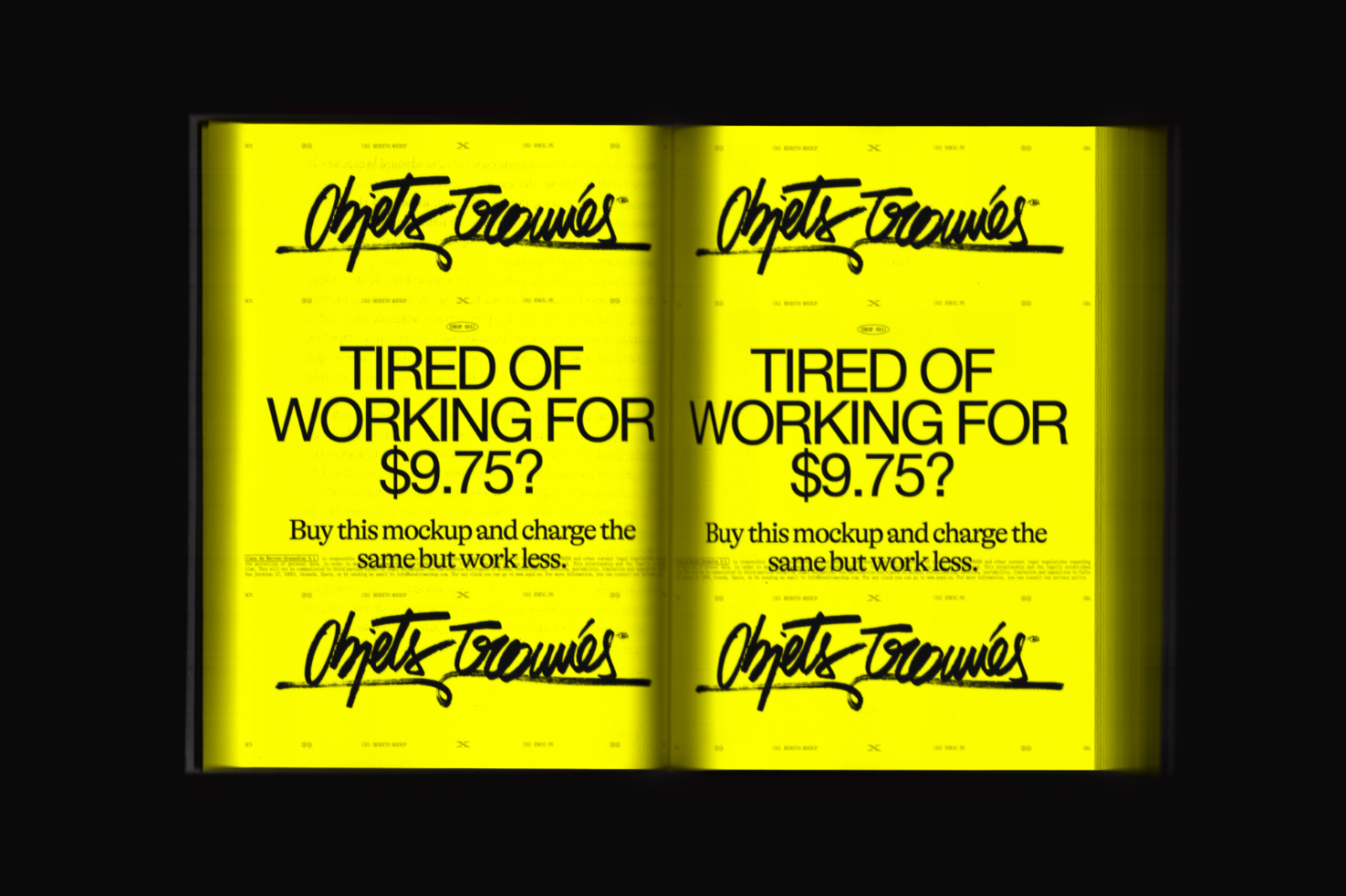 Open magazine mockup with bold yellow pages featuring black script typography and headline about work and earnings, ideal for eye-catching presentation.