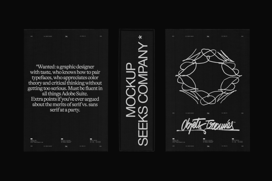 Set of three black poster mockups with white typography and graphics for design presentation, showcasing layout and font usage.