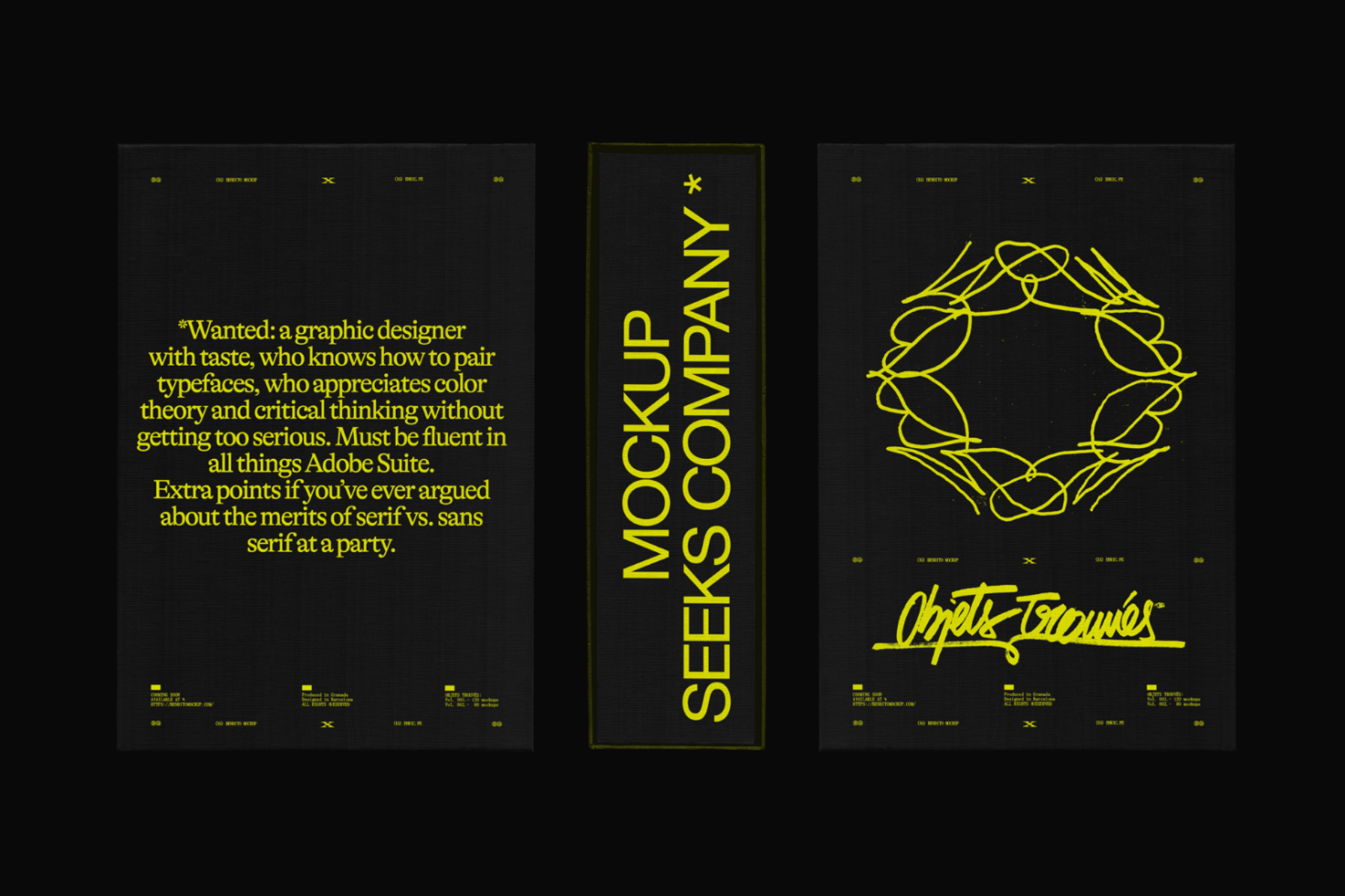 Poster template set in vibrant yellow on black with typographic design and geometric graphics, ideal for mockup creation and design presentations.