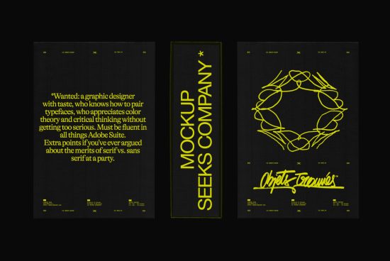 Three poster mockups with yellow typography and graphics on a black background, showcasing fonts and design elements for creative projects.