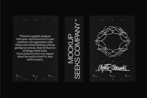 Three vertical black poster mockups for designers featuring white font typography, one with abstract graphics, ideal for portfolio presentation.