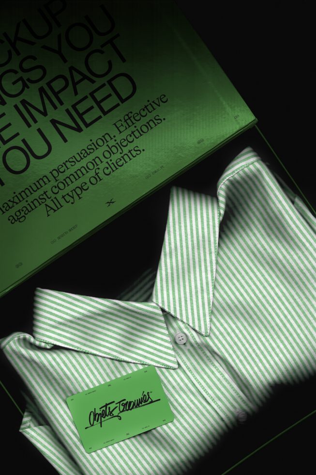 Elegant shirt packaging mockup with green striped shirt and tag, showcasing modern branding and typography design, perfect for graphics portfolio.