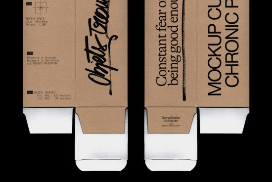 Cardboard box mockup with typographic design, high-resolution display for packaging templates, customizable graphics for designers.