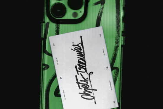 Green skate deck with white script font graphic design print, modern typography mockup, creative presentation for branding.