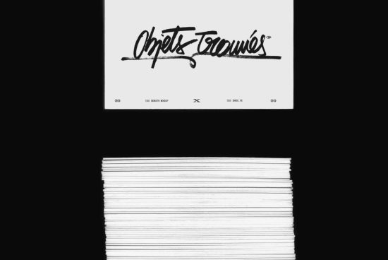 Elegant script font design titled Objets Trouvés displayed on paper stacks, ideal for graphics and templates related to branding and typography.