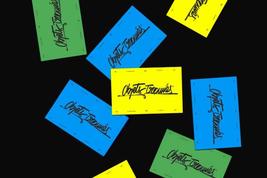 Colorful business card mockups with cursive script showcasing design versatility, ideal for graphic designers looking to present branding work.