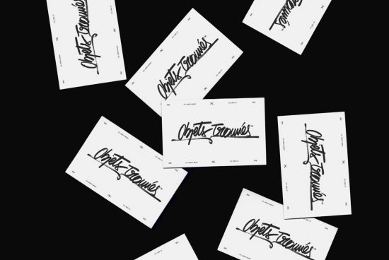 Scattered business cards with stylish script font showcasing mockup for brand identity and typography design resources for creative designers.