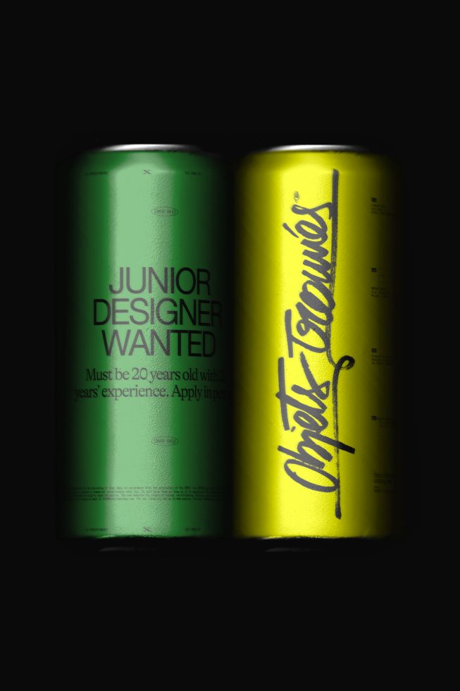 Green and yellow aluminum cans mockup with dynamic lighting, highlighting typography and branding for graphic design showcase.