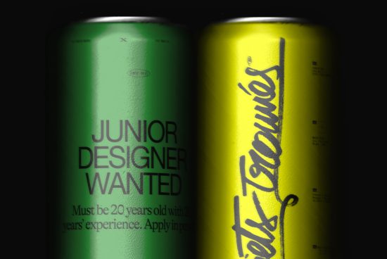 Green and yellow soda cans with bold typography in a job ad mockup, ideal for graphics portfolio and advertising design.