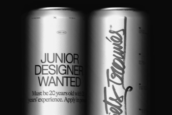 Black and white mockup of two cans with text overlay for designers featuring bold and cursive typography. Perfect for graphic design mockups.