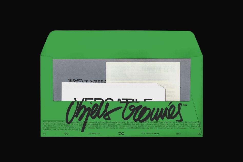 Bright green envelope mockup with papers peeking out, showing front design space with handwritten script overlay