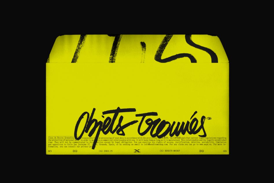 Bright yellow envelope mockup with black hand-drawn script branding, legal text, logos on back flap