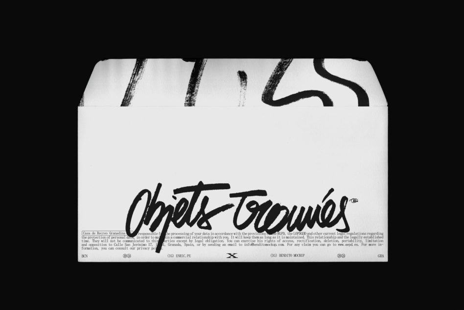 White envelope with hand-drawn brush strokes, script signature, legal text, minimalist design mockup