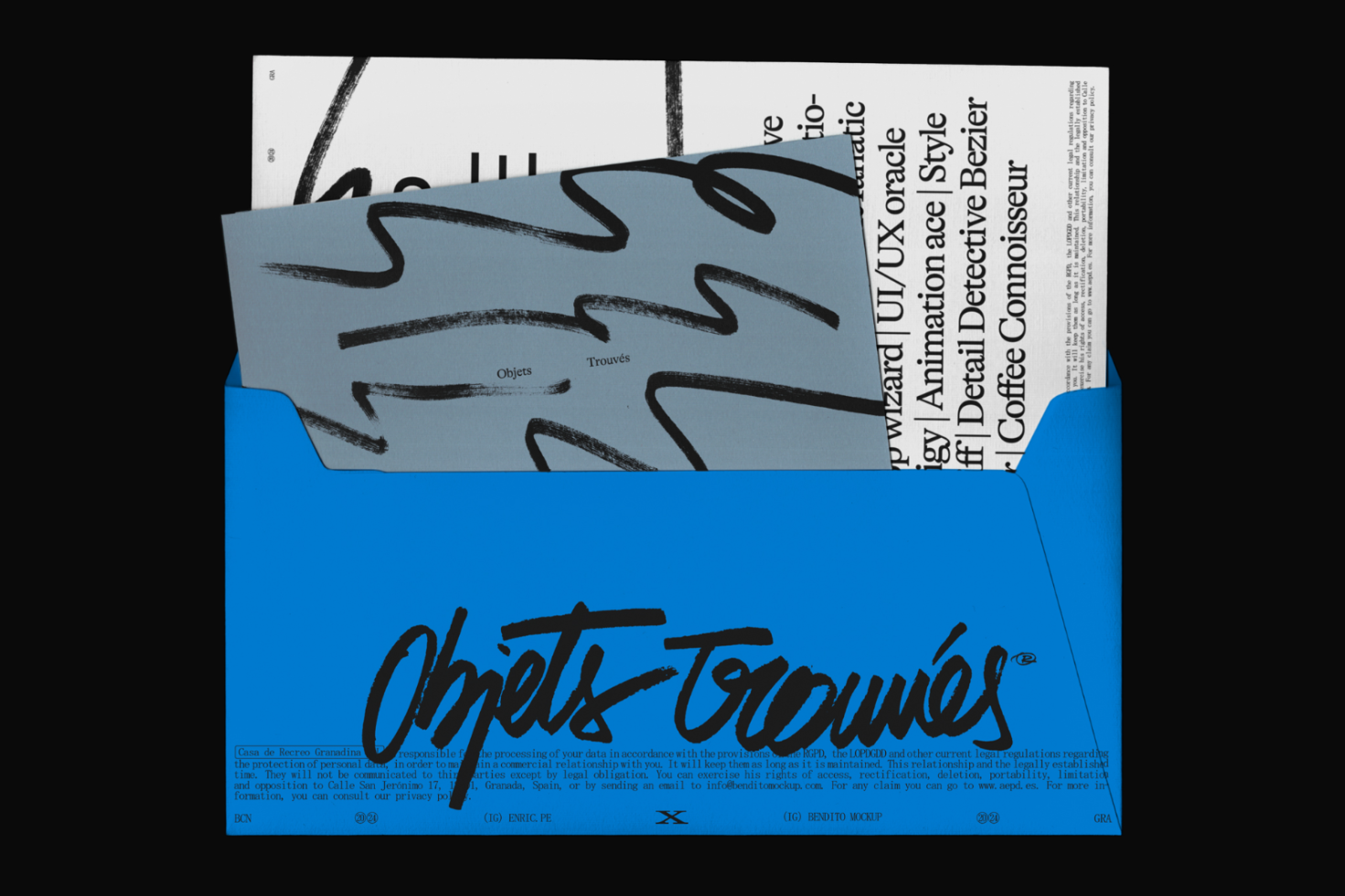 Graphic design mockup featuring blue folder with stylized text 'Objets Trouvés' overlying black squiggle art and typographic elements.