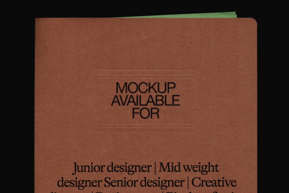 Brown folder mockup with embossed text design, ideal for presenting branding or portfolio work to junior, mid-weight, and senior designers.