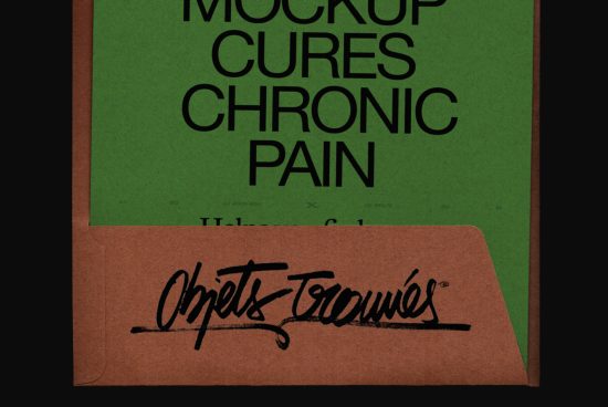 Graphic design mockup of typographic poster reading "MOCKUP CURES CHRONIC PAIN" with stylized font on green background and logo on card.