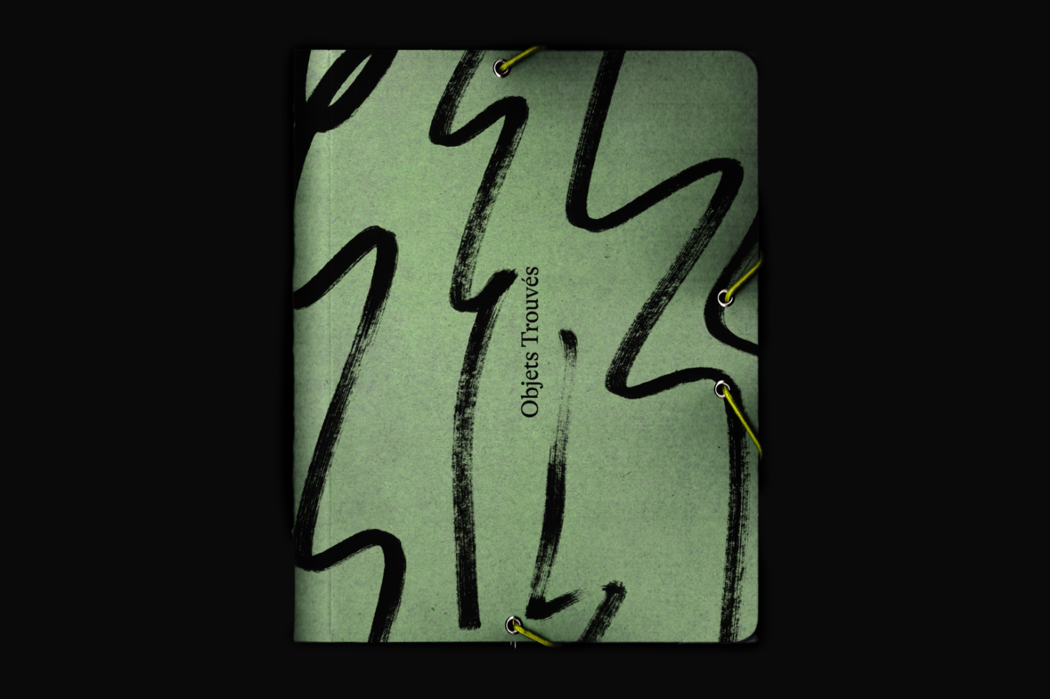 Notebook cover mockup with abstract black scribbles on a green background, displaying stylish design, ideal for graphic templates.