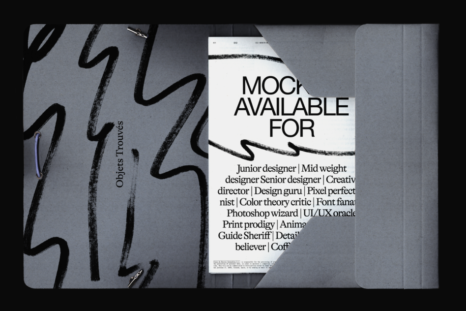 Mockup design display with artistic black squiggles on grey folder beside a paper with text for graphics, templates, and design presentation.