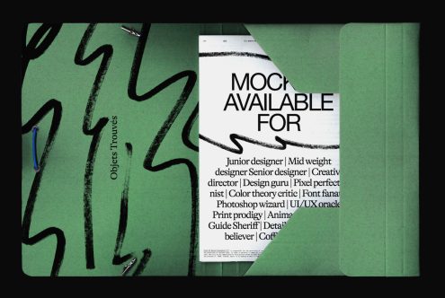 Graphic design mockup featuring bold text on crumpled paper, over abstract green background with black squiggles, ideal for presentations and portfolios.