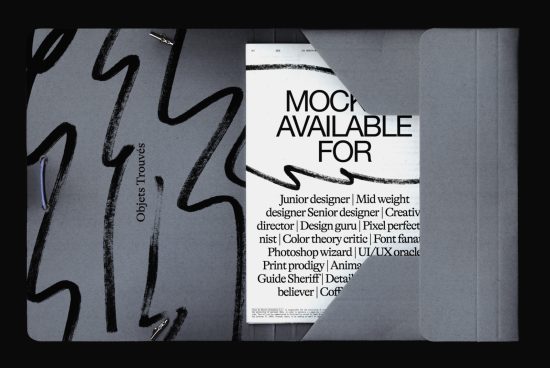Creative magazine mockup with abstract black scribbles on grey background, showcasing editorial design suitable for graphic designers and agencies.